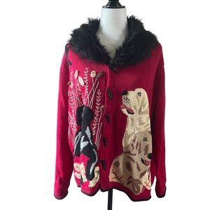 Story Book Knits Vintage Red Fur Collar Puppy Dog Pattern Cardigan 1X